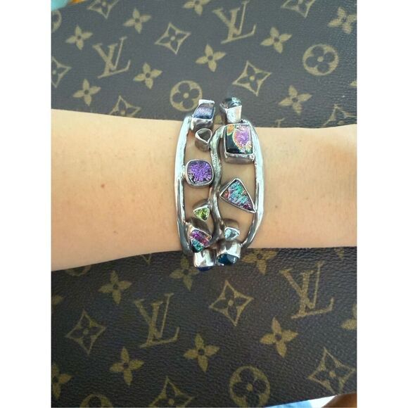 Vintage Sterling Silver Jeweled Cabochon Multi Stone Cuff Bracelet - Picture 1 of 16